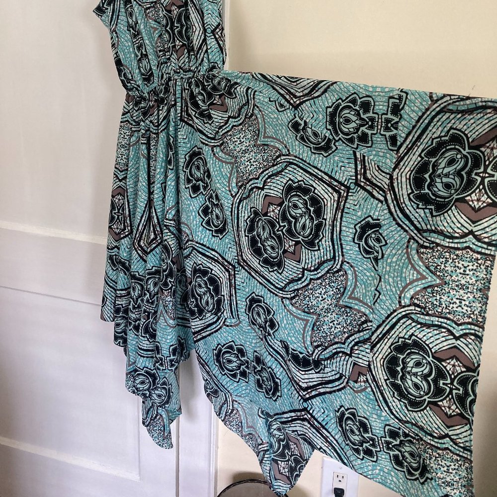 H&M boho trippy print handkerchief hem fairy midi dress